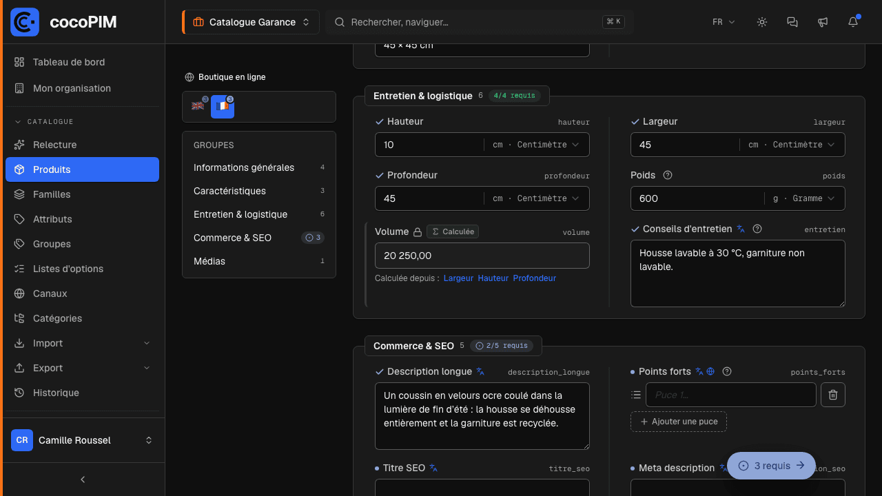 Fiche produit avec le champ calculé « Volume » : badge « Calculée », valeur en lecture seule et champs sources
