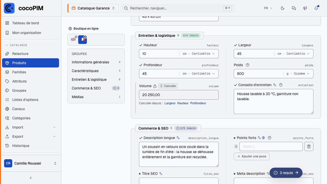 Fiche produit avec le champ calculé « Volume » : badge « Calculée », valeur en lecture seule et champs sources