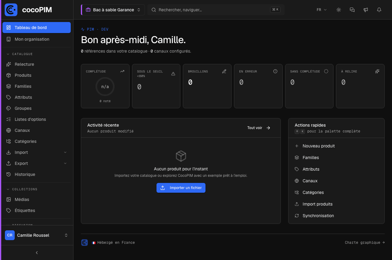 Tableau de bord : première connexion (catalogue vide)