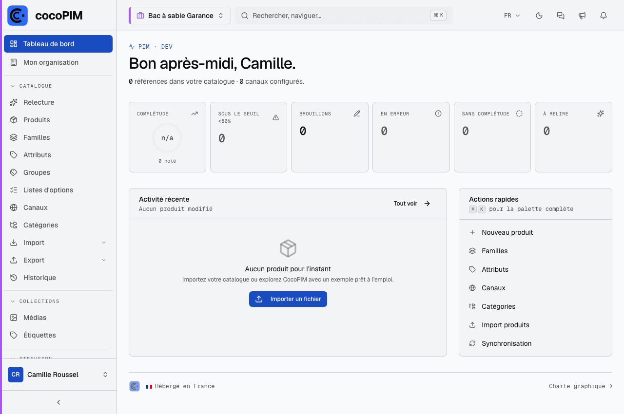 Tableau de bord : première connexion (catalogue vide)