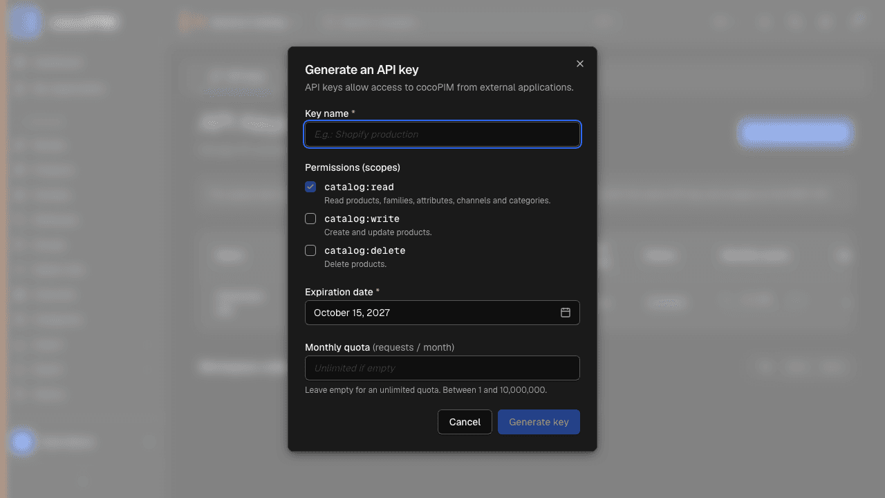 API keys screen with the creation of a key and its scope
