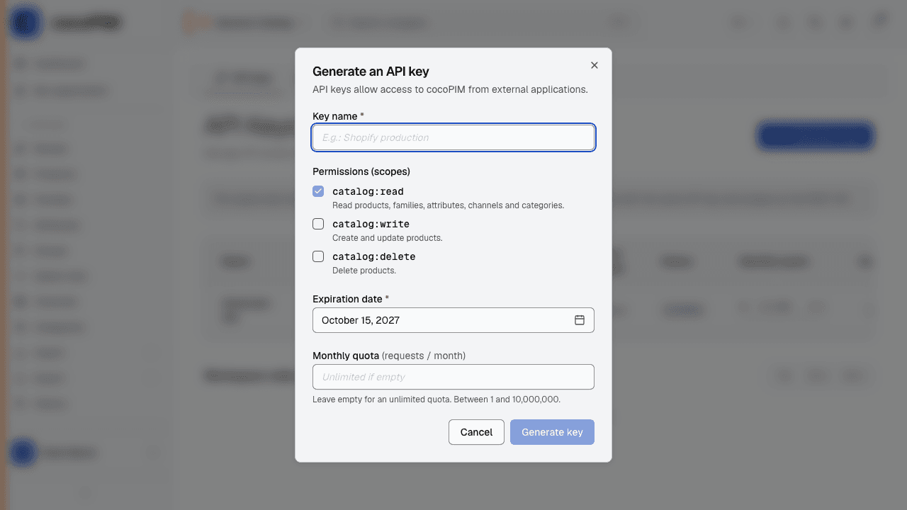 API keys screen with the creation of a key and its scope