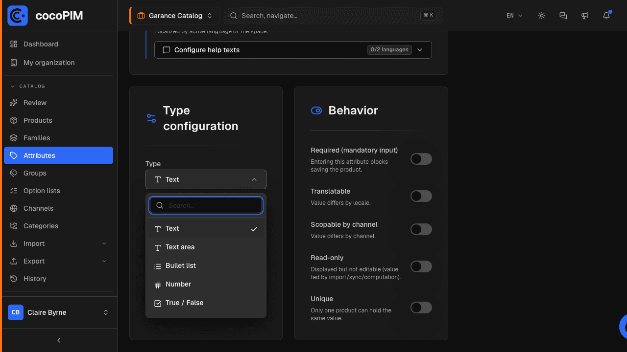 Attribute creation screen, type selector open