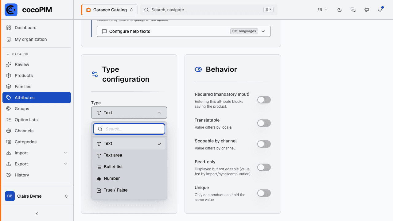 Attribute creation screen, type selector open