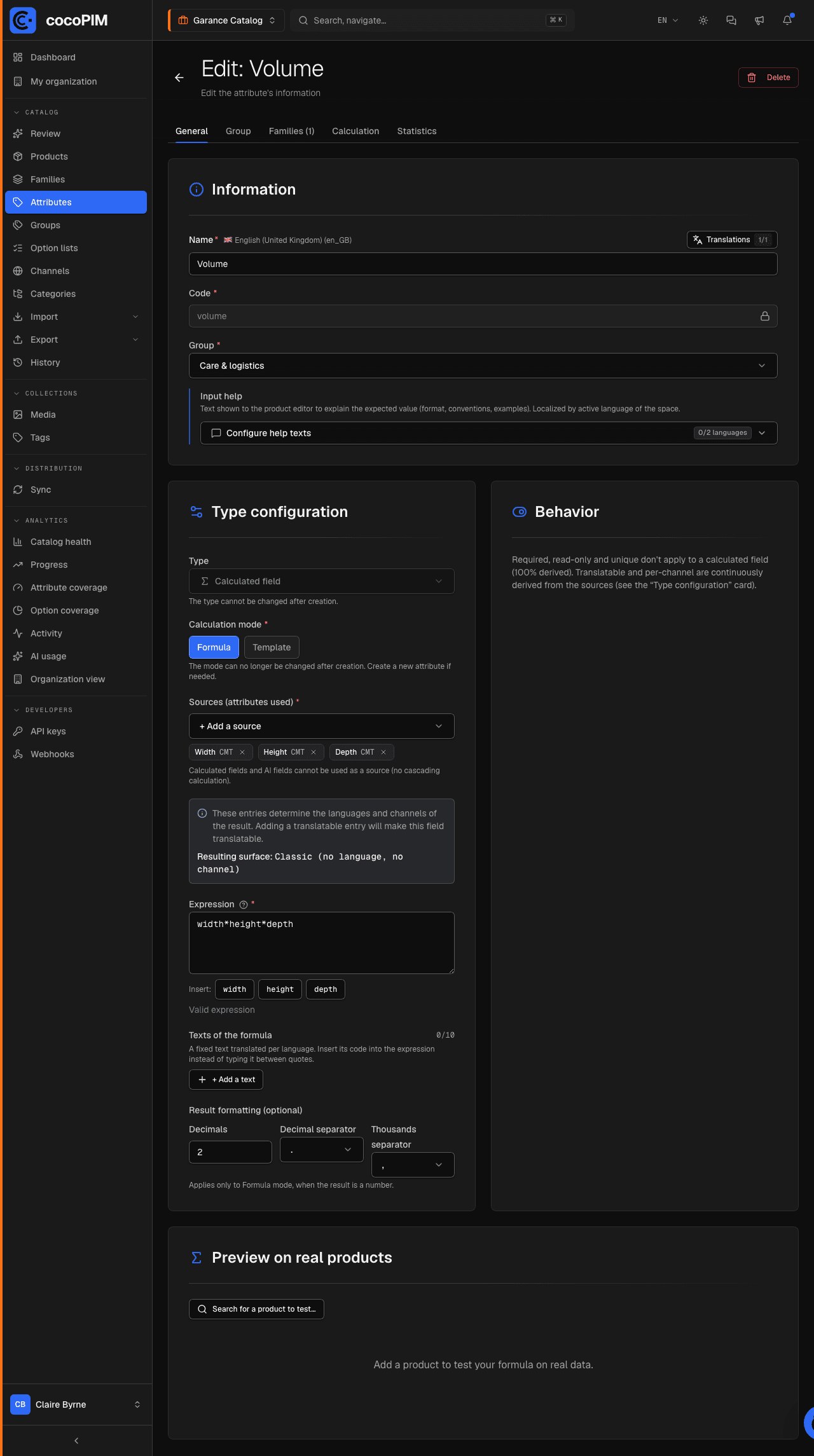 Creation screen of a calculated field: Formula mode, inserted sources, preview on real products