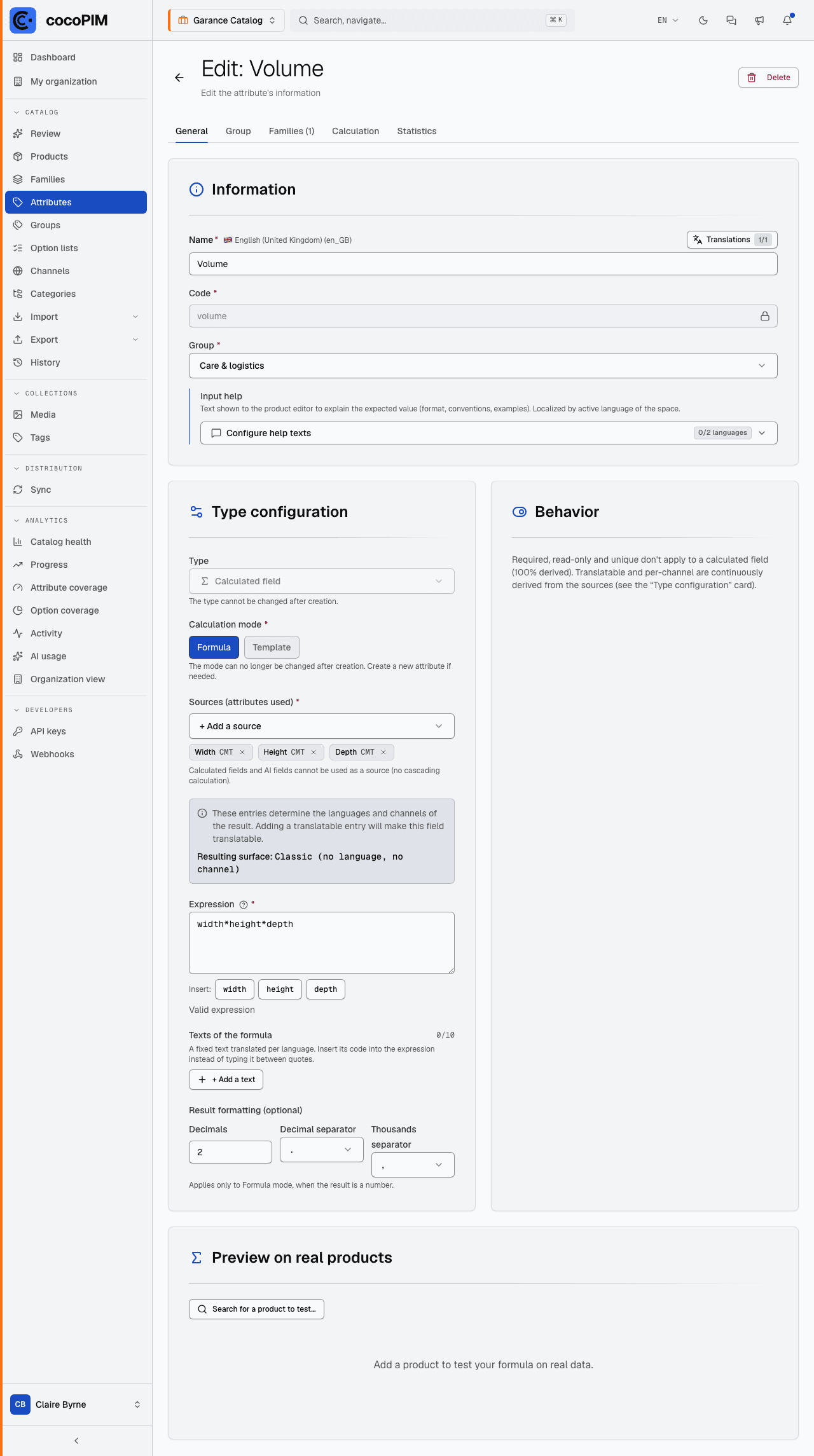 Creation screen of a calculated field: Formula mode, inserted sources, preview on real products