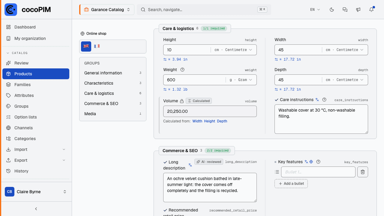 Product page with the “Volume” calculated field: “Calculated” badge, read-only value and source fields