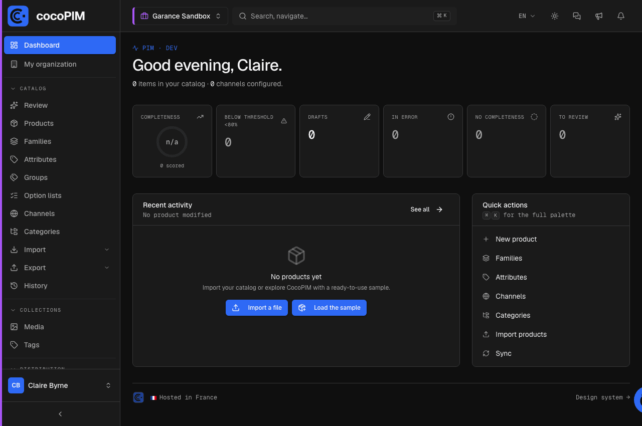 Dashboard: first login (empty catalog)