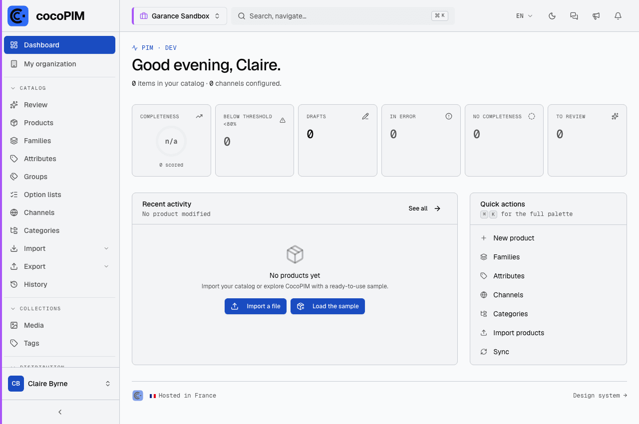 Dashboard: first login (empty catalog)