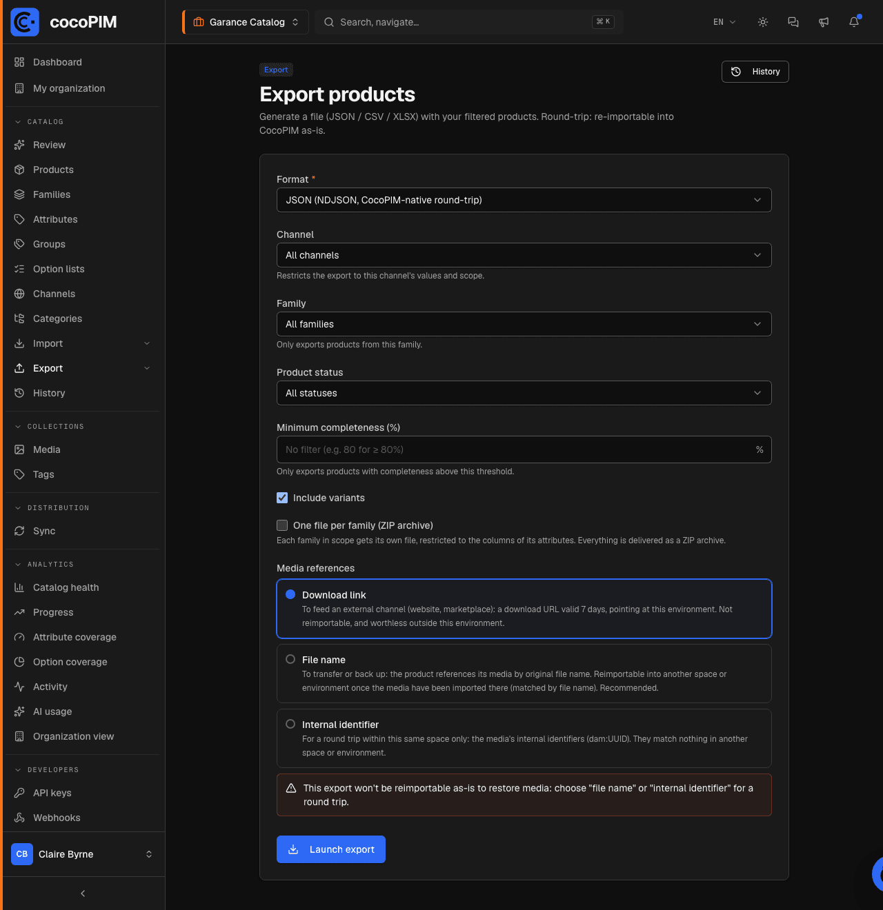 Product export launch screen with the filters (format, channel, family, status, completeness)