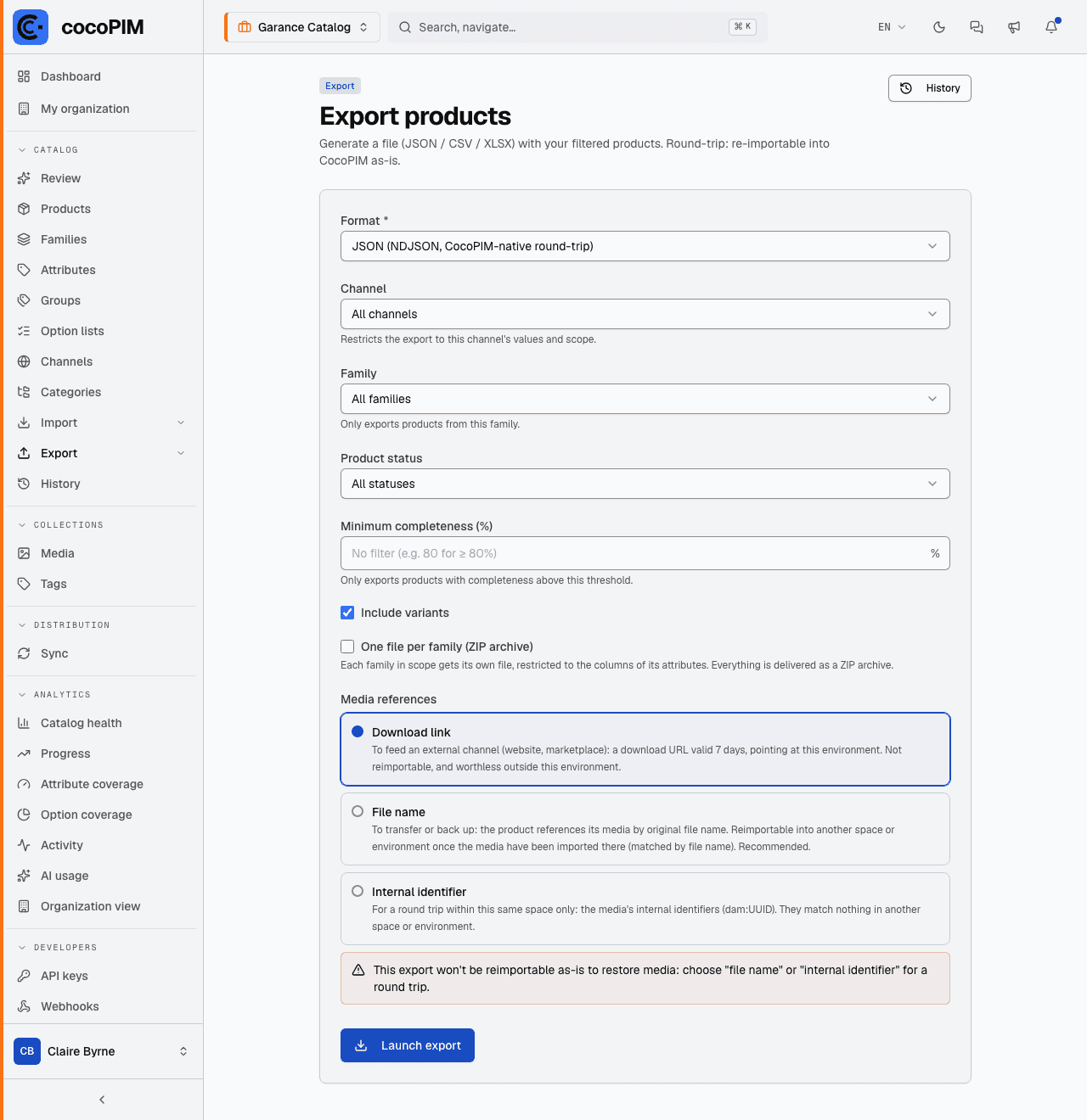 Product export launch screen with the filters (format, channel, family, status, completeness)