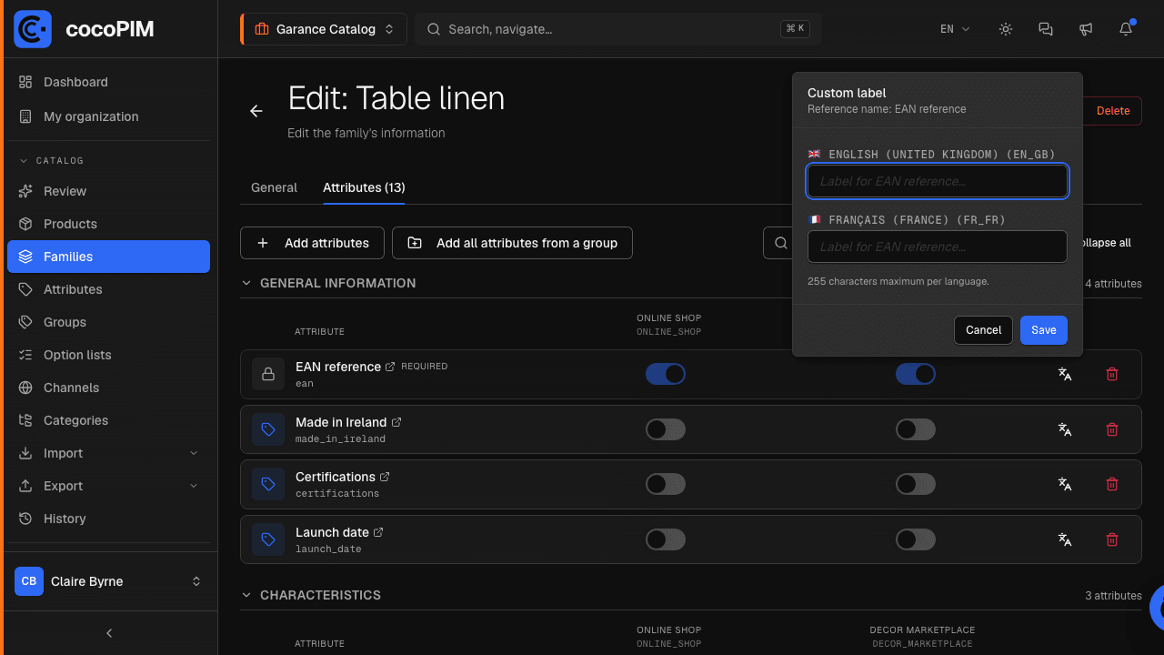 “Customize label” popover: the reference name for comparison, one field per language