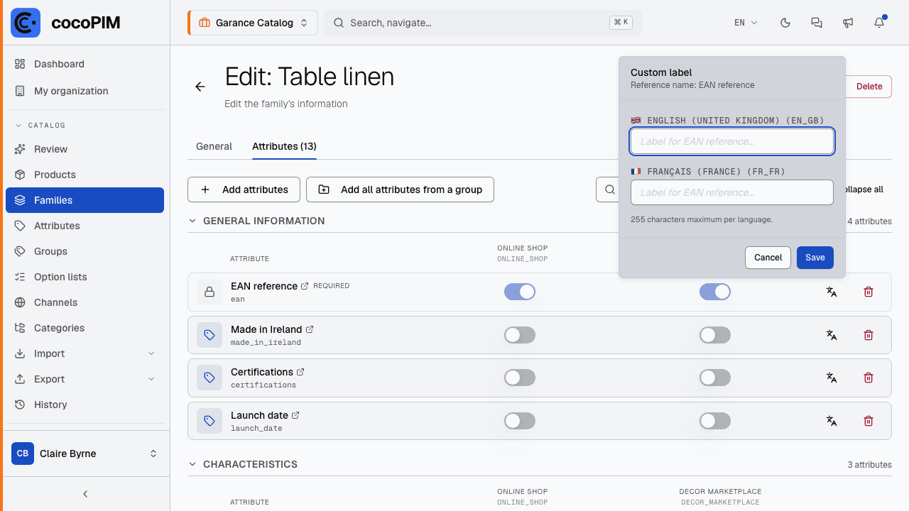 “Customize label” popover: the reference name for comparison, one field per language