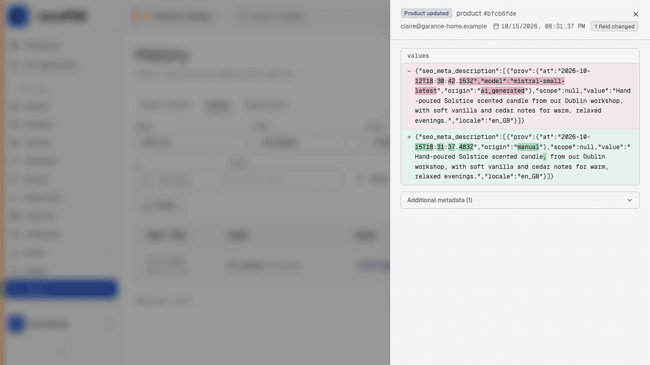 Audit log with the before/after diff of a product modification