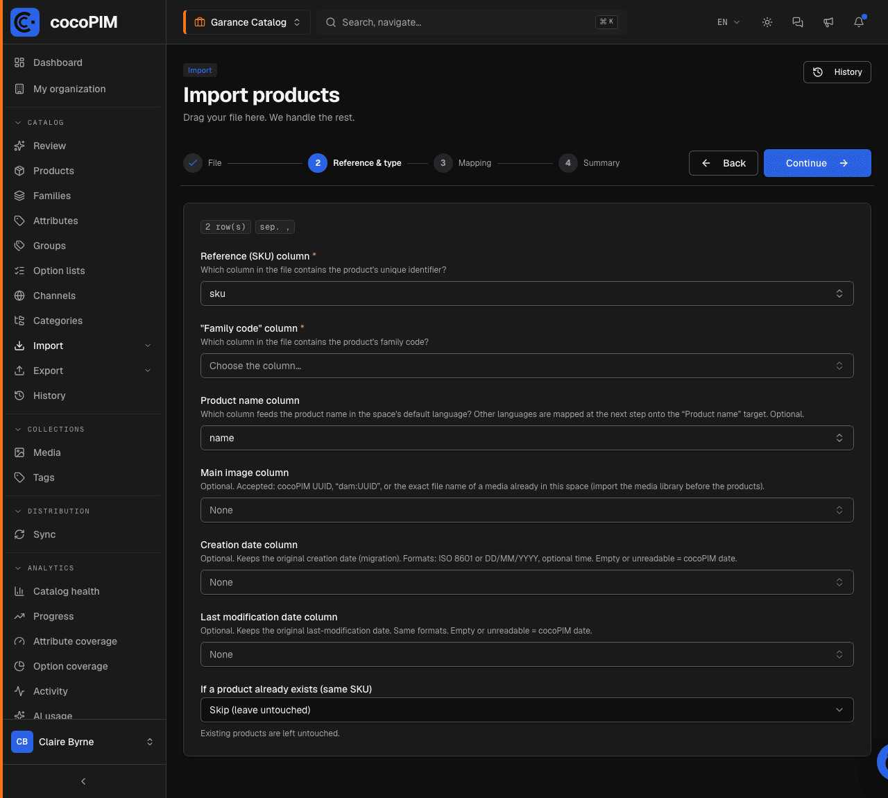 Column mapping step of the import wizard