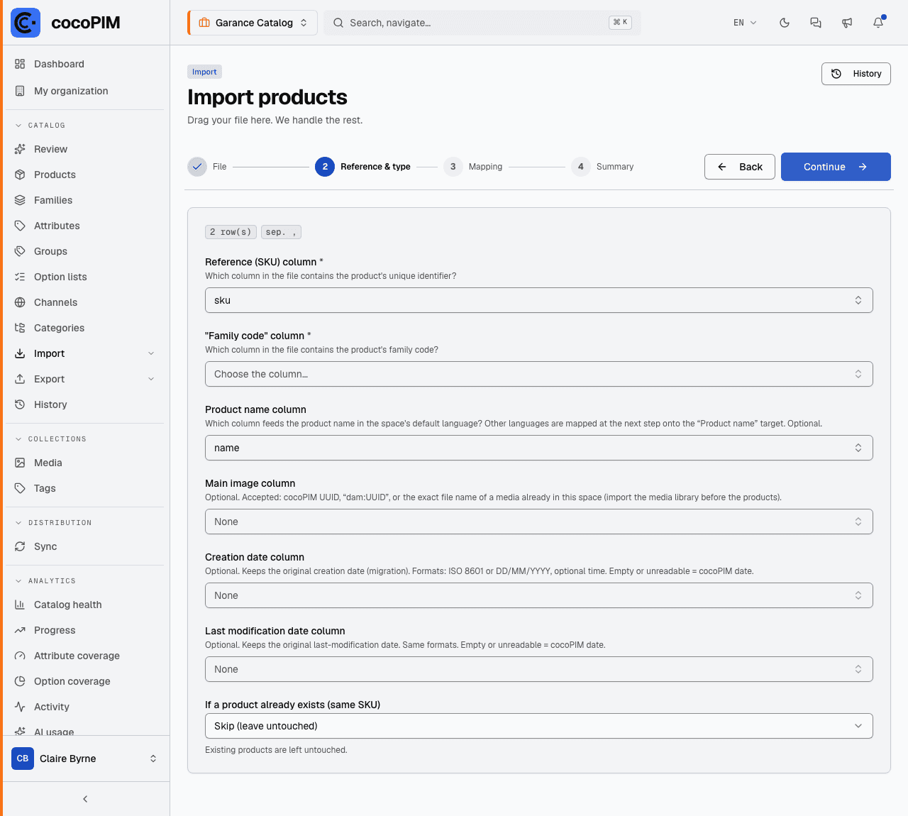 Column mapping step of the import wizard