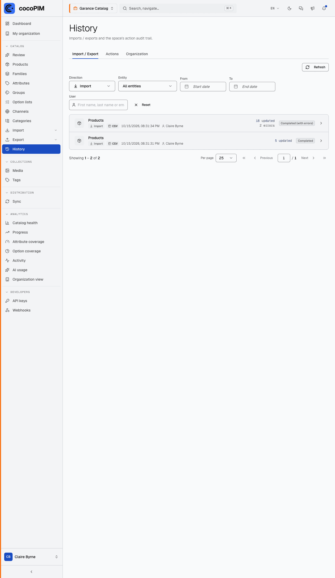 Report of a completed import with line-by-line error details