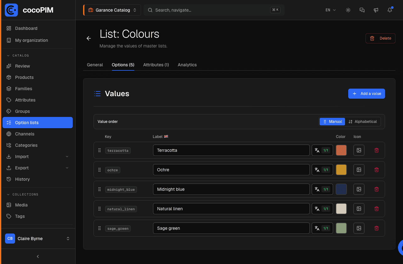 Option list editor (e.g. Colours) with translations and swatches