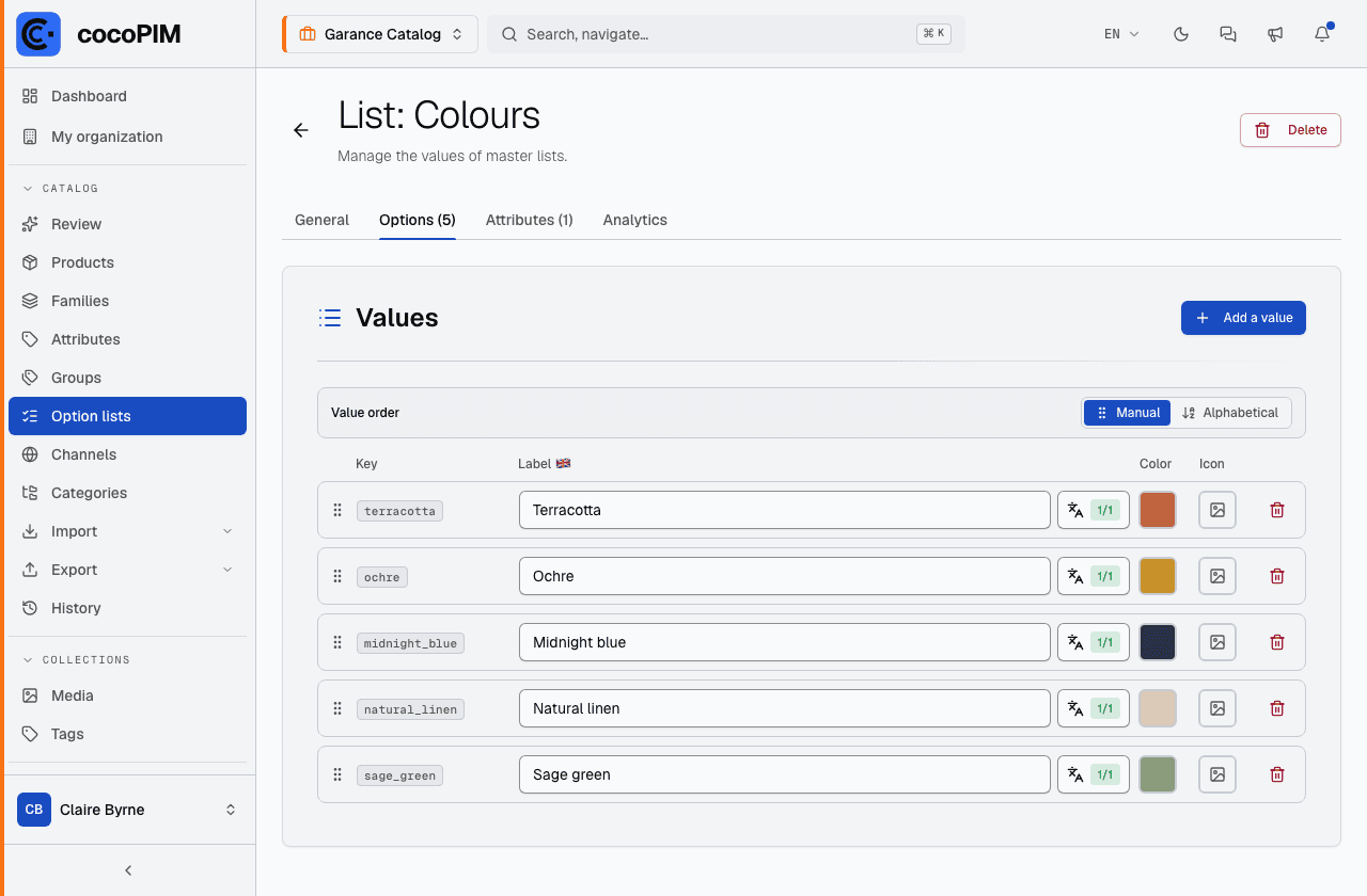 Option list editor (e.g. Colours) with translations and swatches