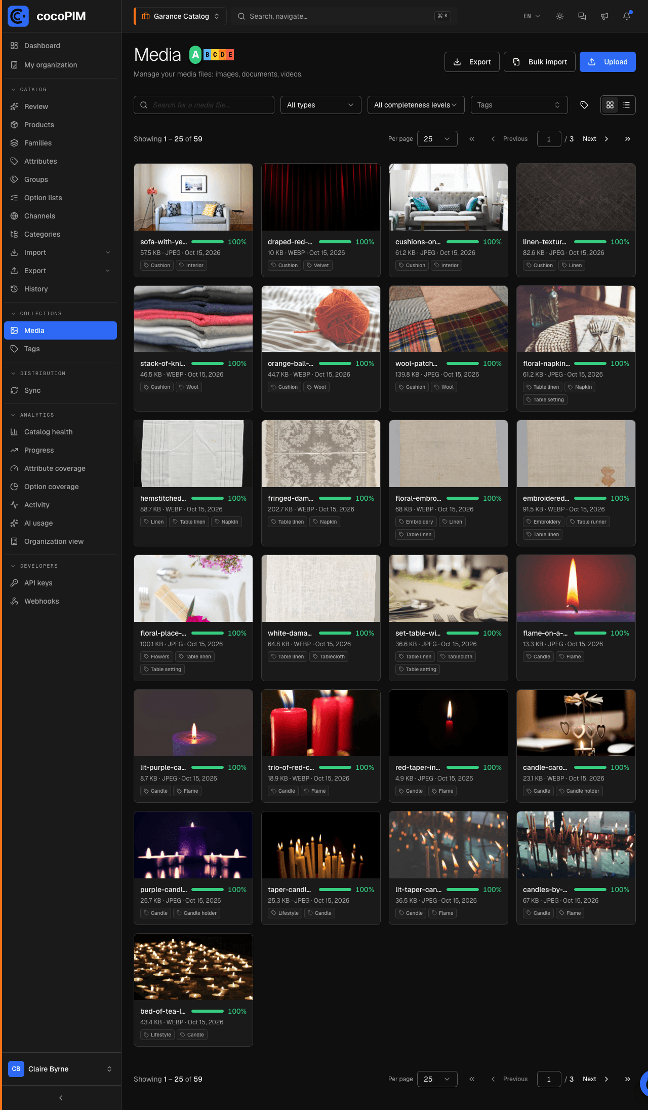 Media library grid with thumbnails, tags and detail panel