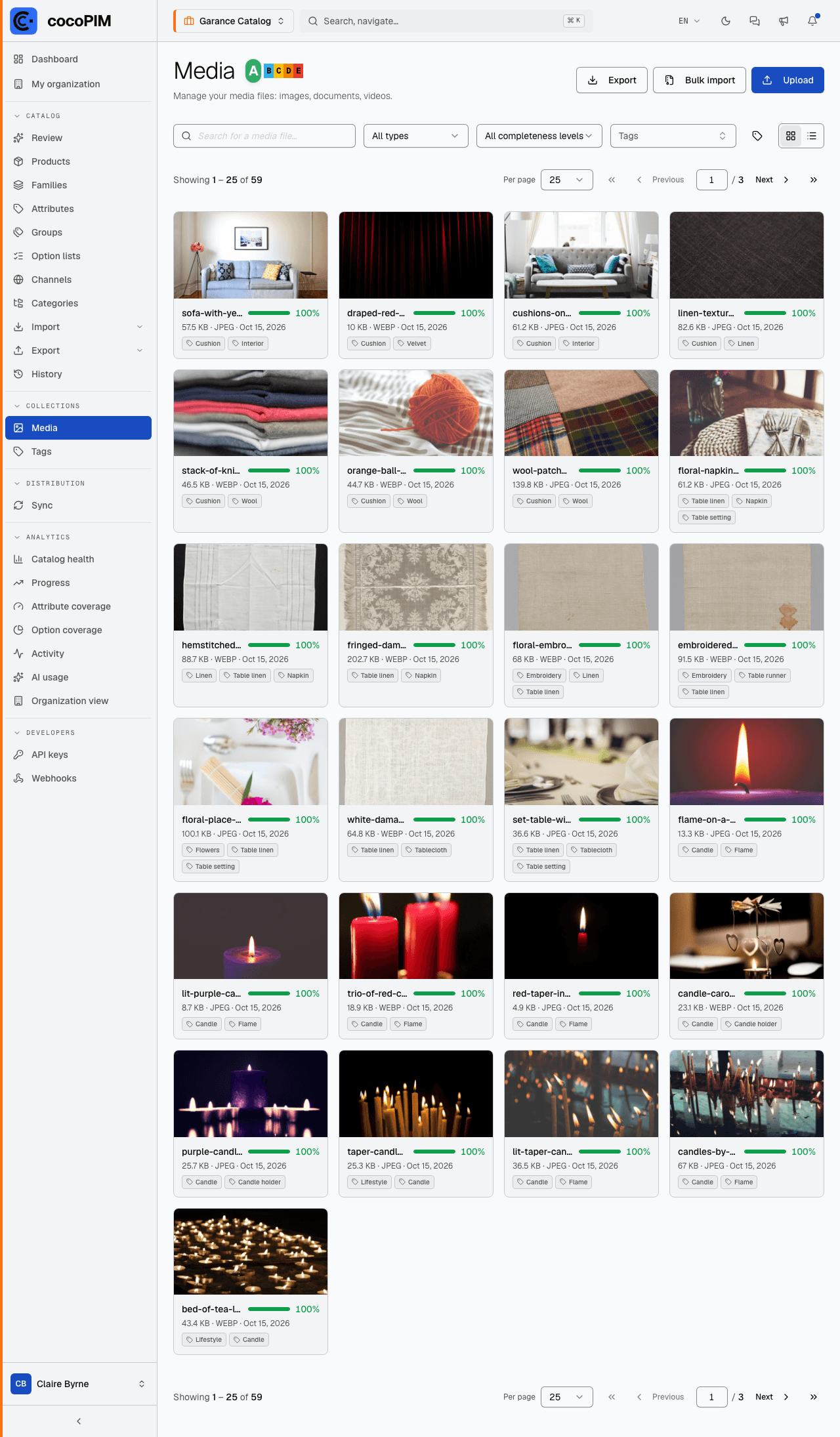 Media library grid with thumbnails, tags and detail panel