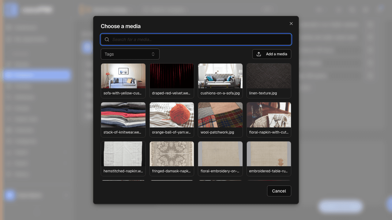 Media attribute of a product with the media library picker open