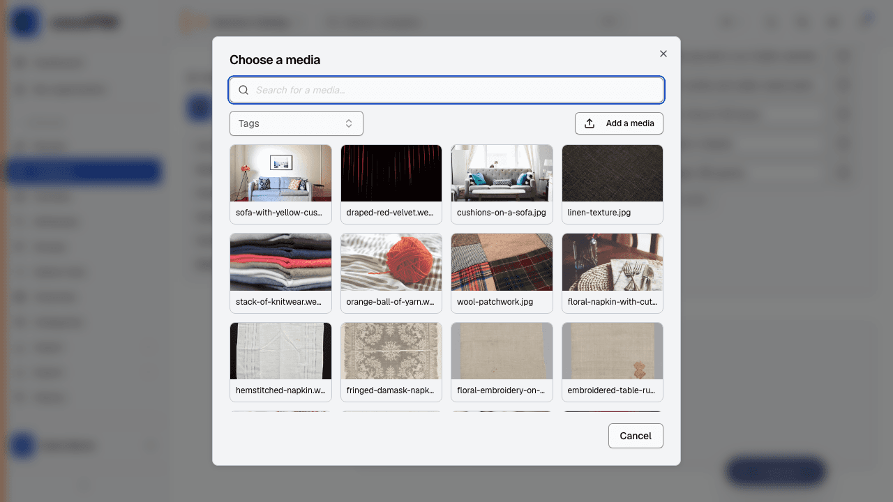 Media attribute of a product with the media library picker open