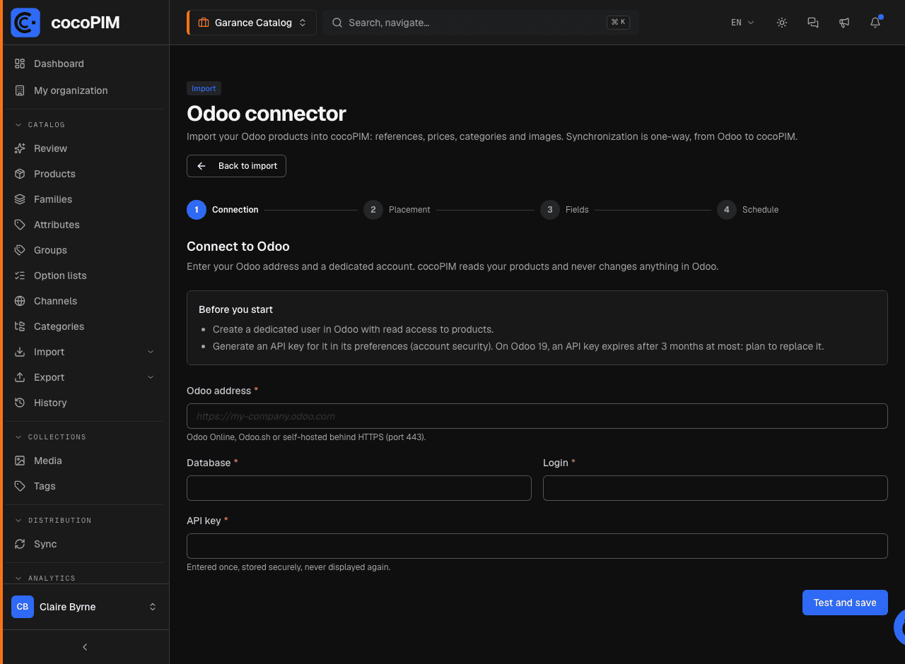 Odoo connector wizard, Connection step: address, database, login and API key