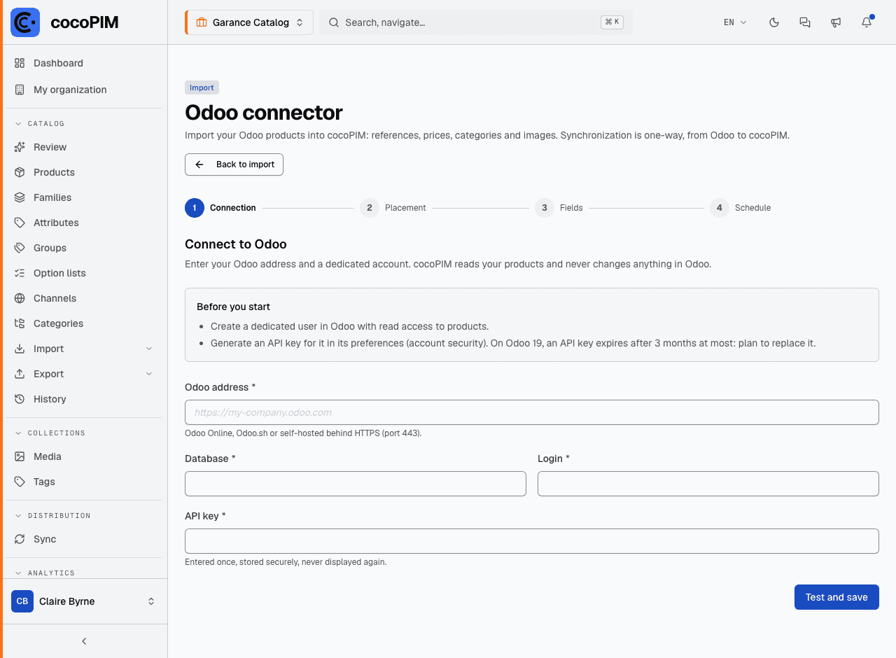 Odoo connector wizard, Connection step: address, database, login and API key