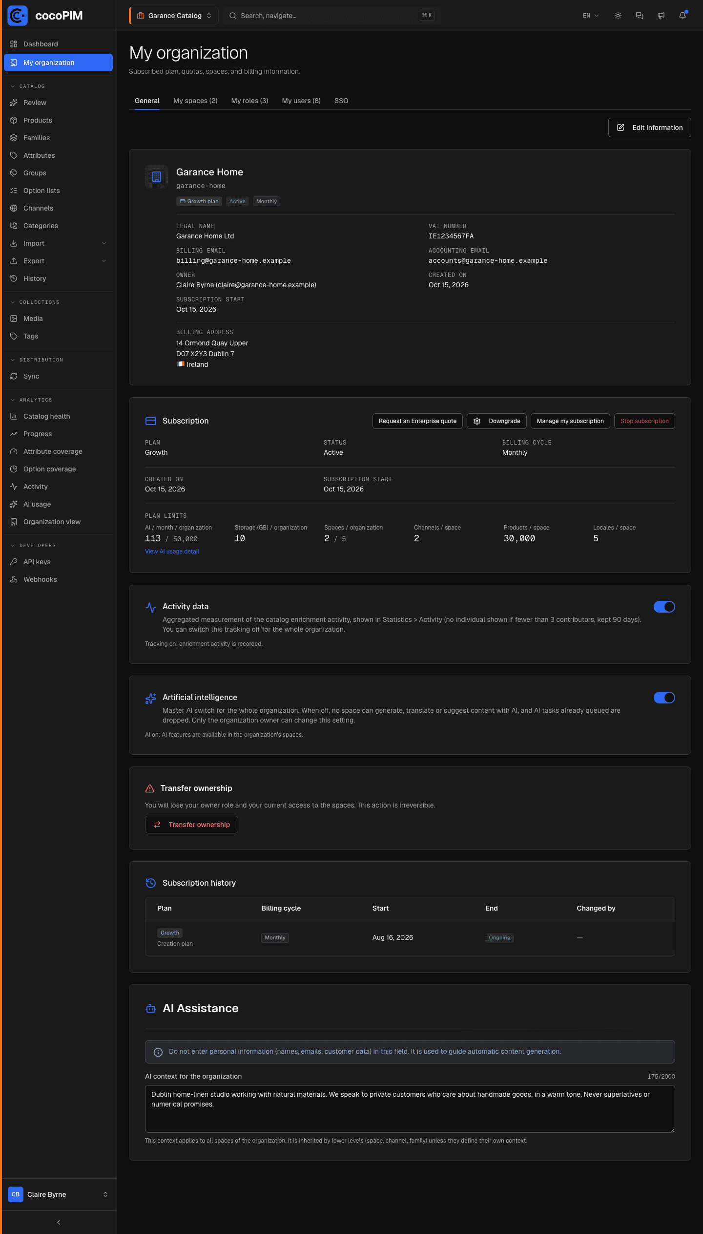 My organization screen: current plan, quota usage, access to billing