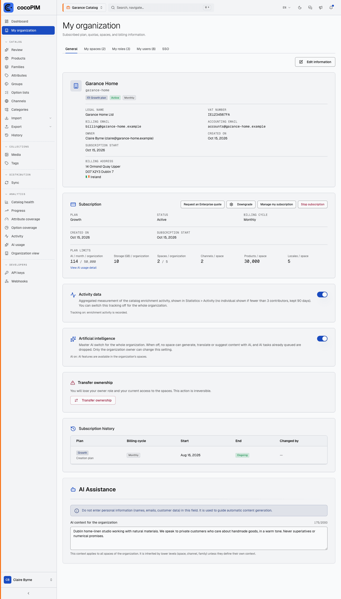My organization screen: current plan, quota usage, access to billing