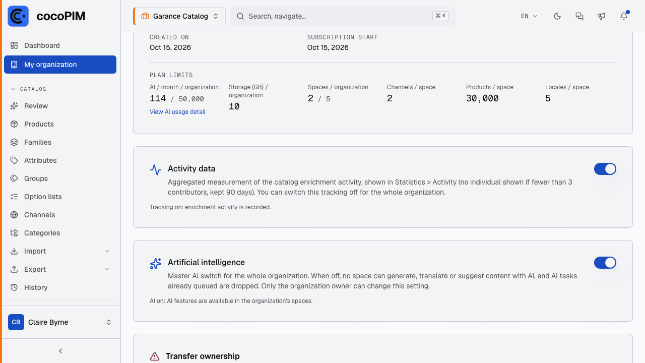 My organization, “Activity data” card: activity tracking switch
