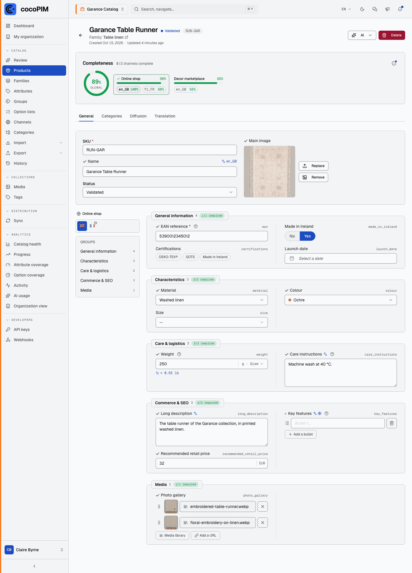 Product open: attribute groups, language and channel selectors, completeness score