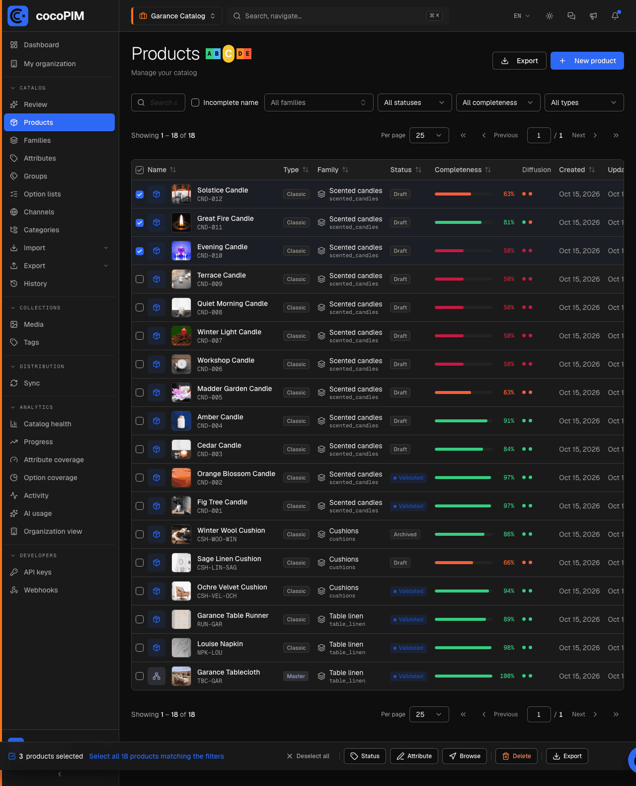 Multiple selection in the product list with the bulk actions menu open
