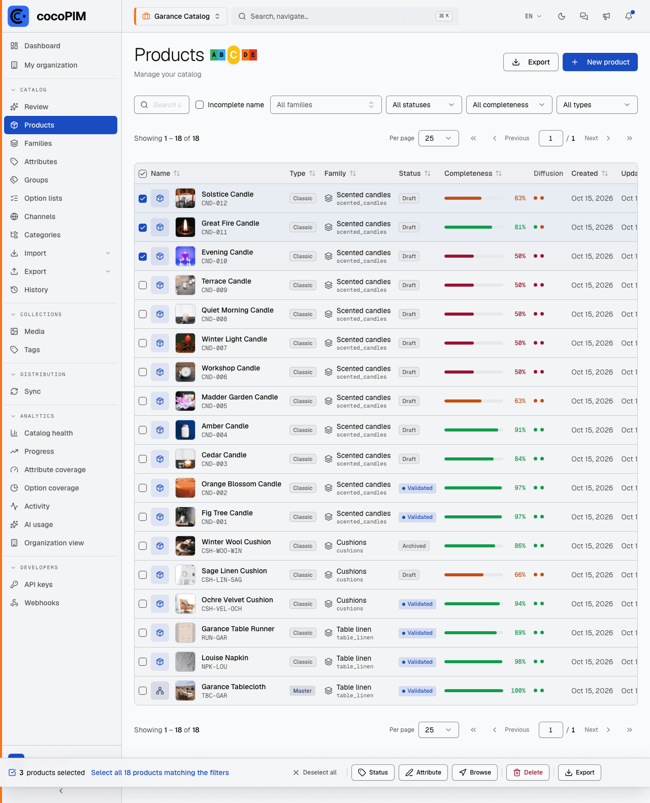 Multiple selection in the product list with the bulk actions menu open