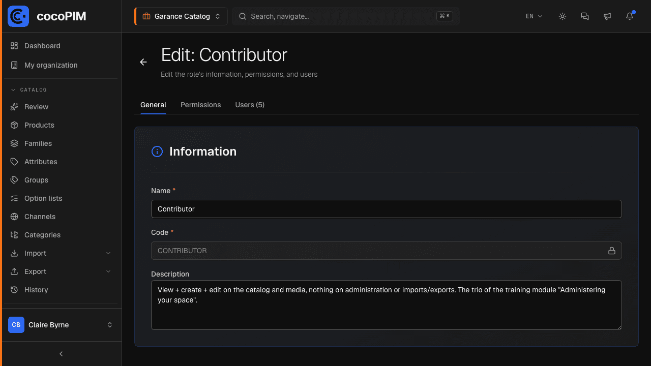 Role editor: entities × permissions matrix (view, create, edit, delete)