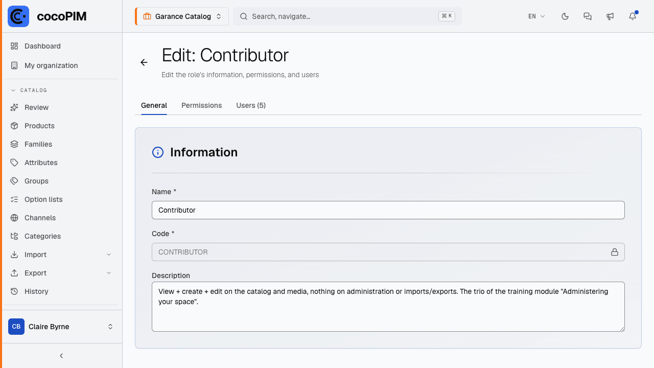 Role editor: entities × permissions matrix (view, create, edit, delete)