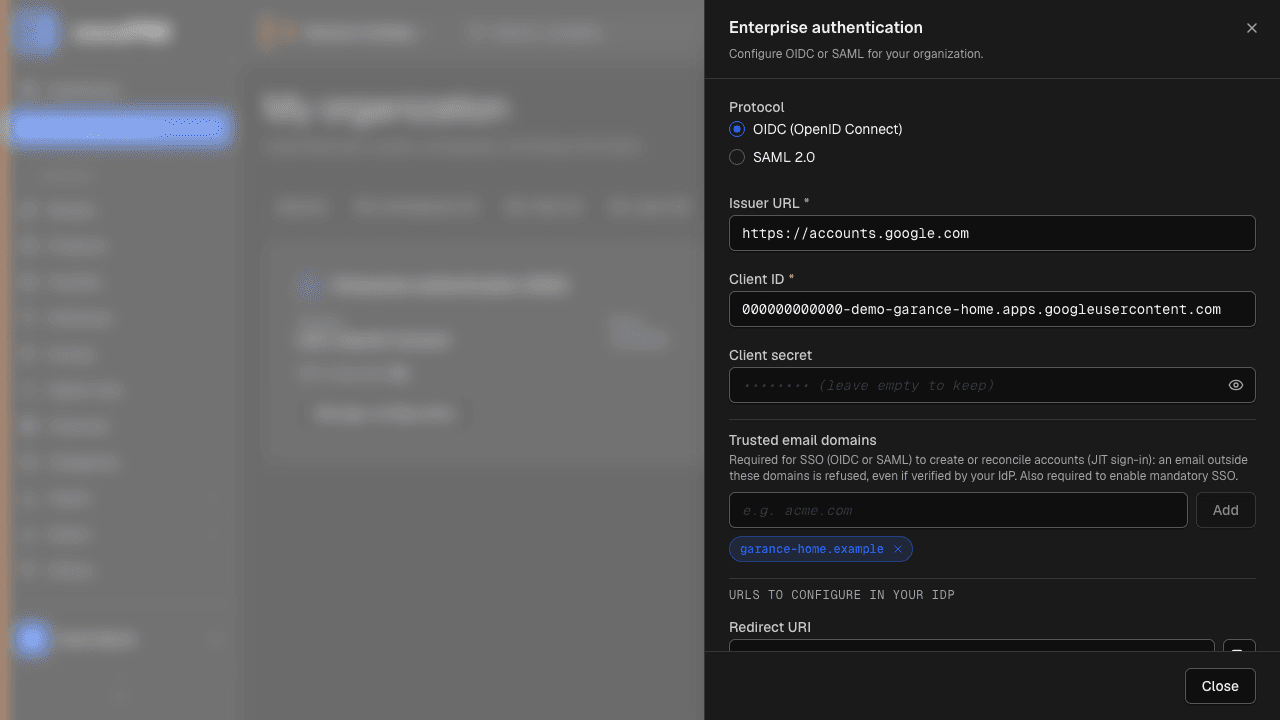 SSO configuration: choice of protocol (SAML / OpenID Connect), directory metadata, connection test