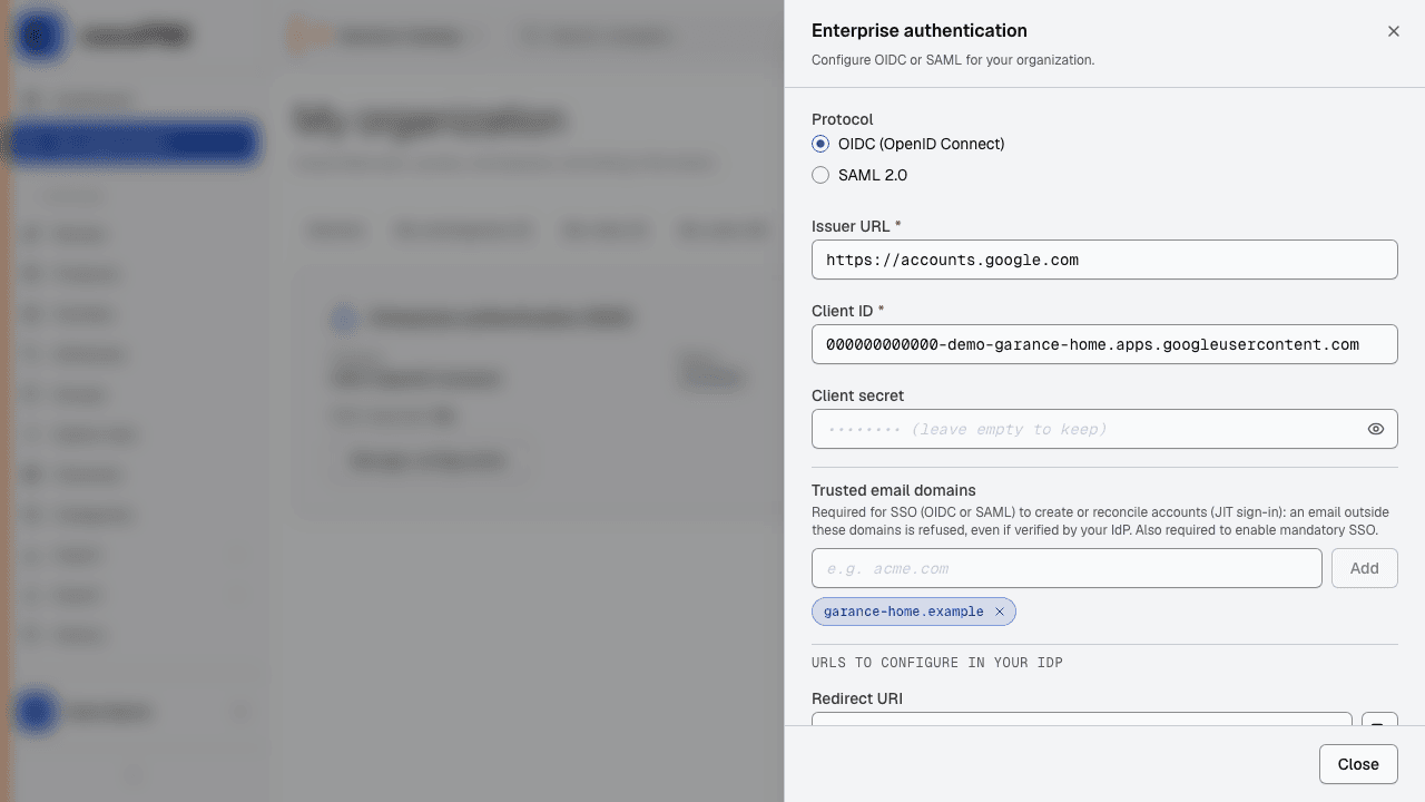 SSO configuration: choice of protocol (SAML / OpenID Connect), directory metadata, connection test