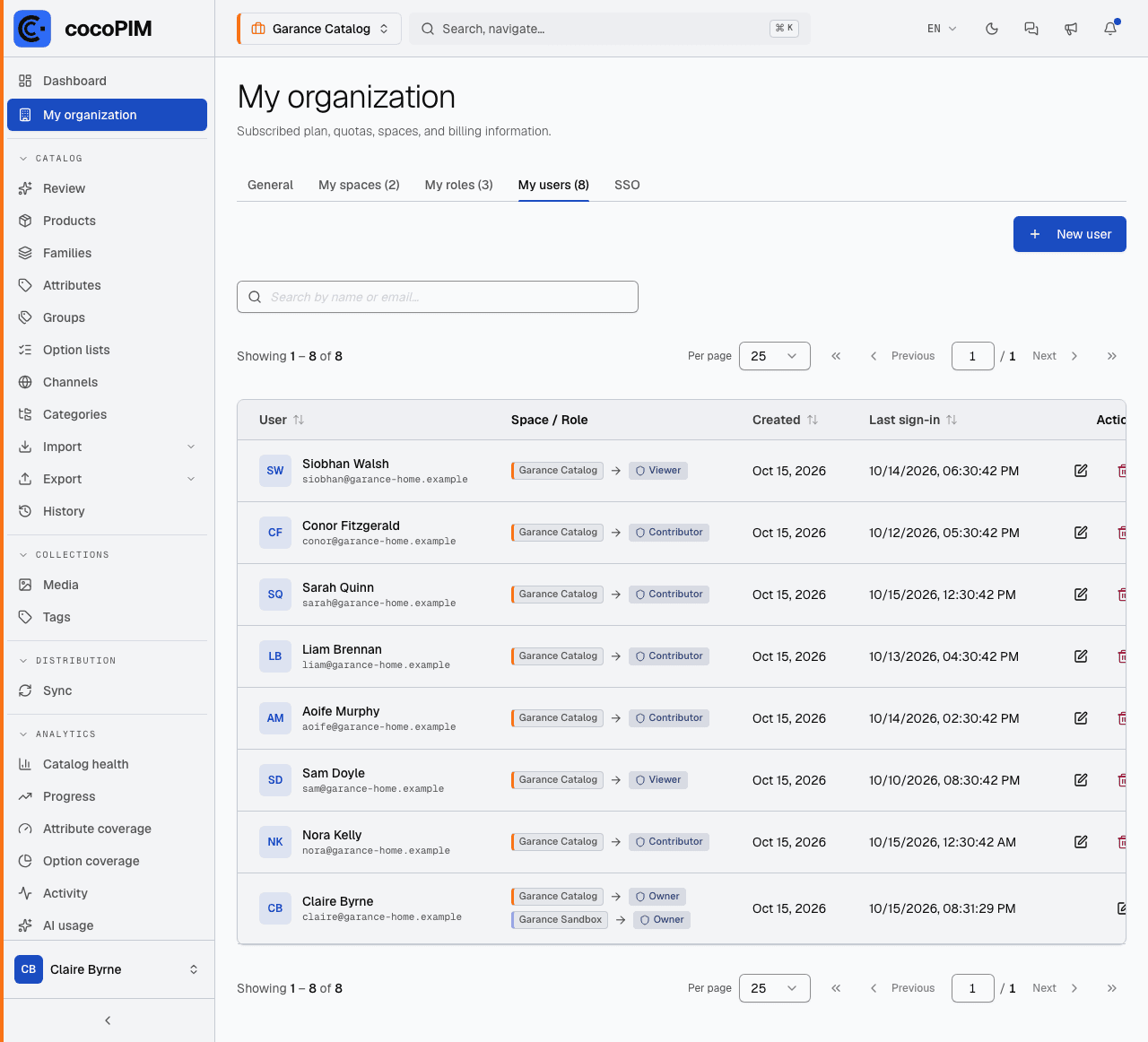 User list with an account created automatically at its first SSO sign-in: name taken from the directory, default role