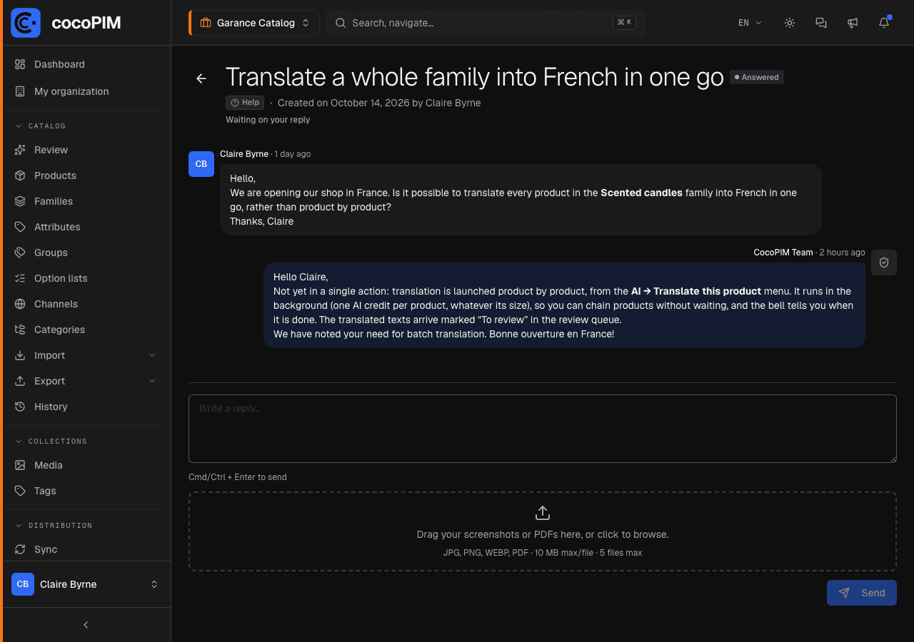 Conversation thread of a request with a reply from the CocoPIM Team