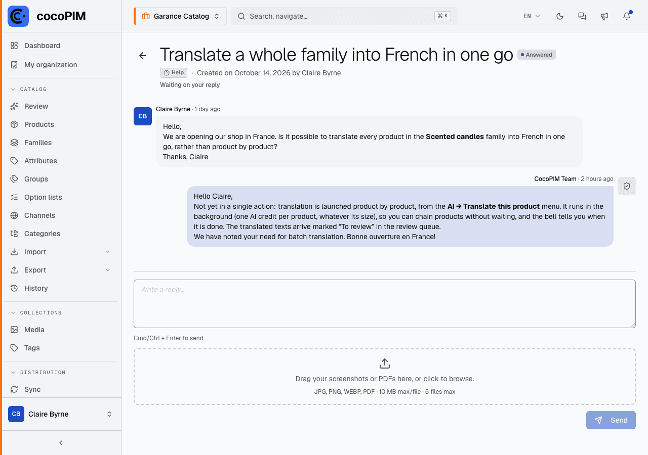 Conversation thread of a request with a reply from the CocoPIM Team