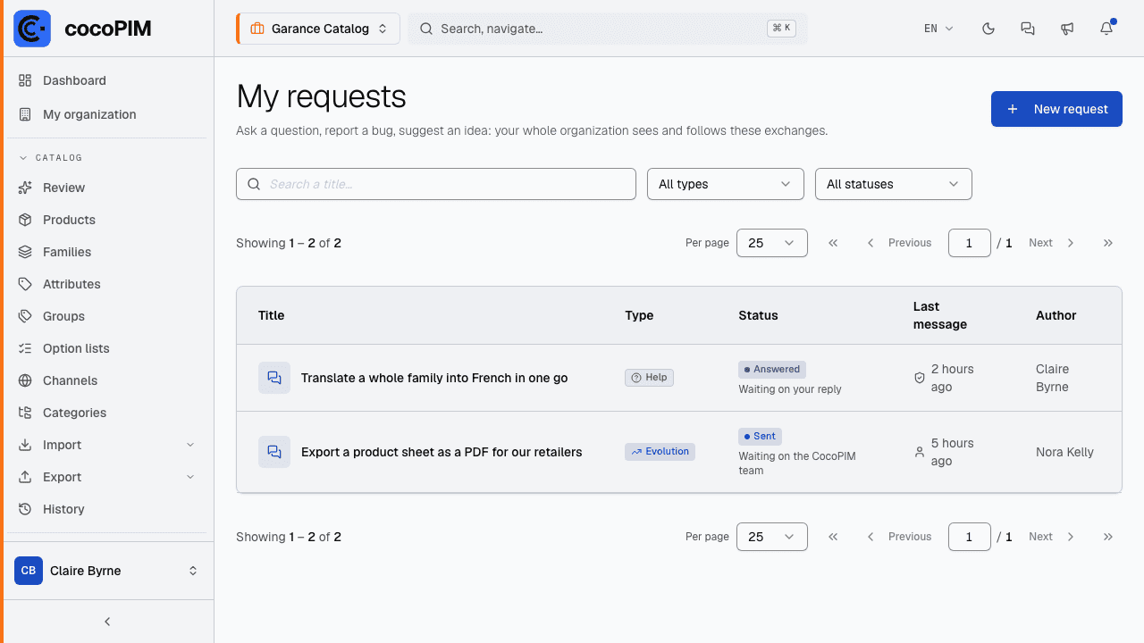 My requests page: list with filters by type and status