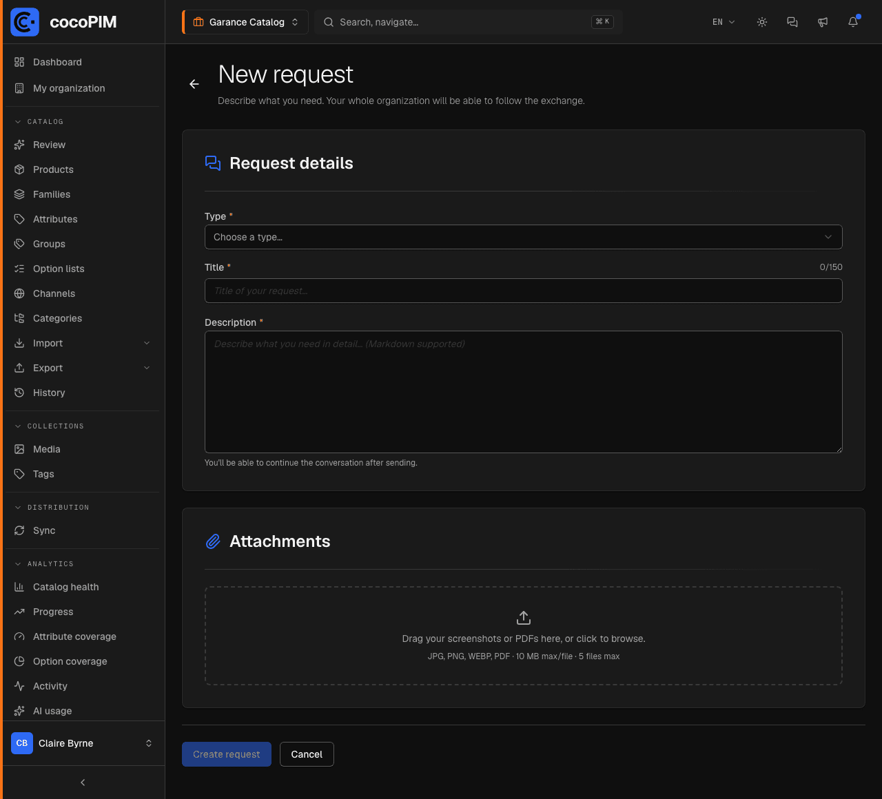 New request form: type, title, description, attachments