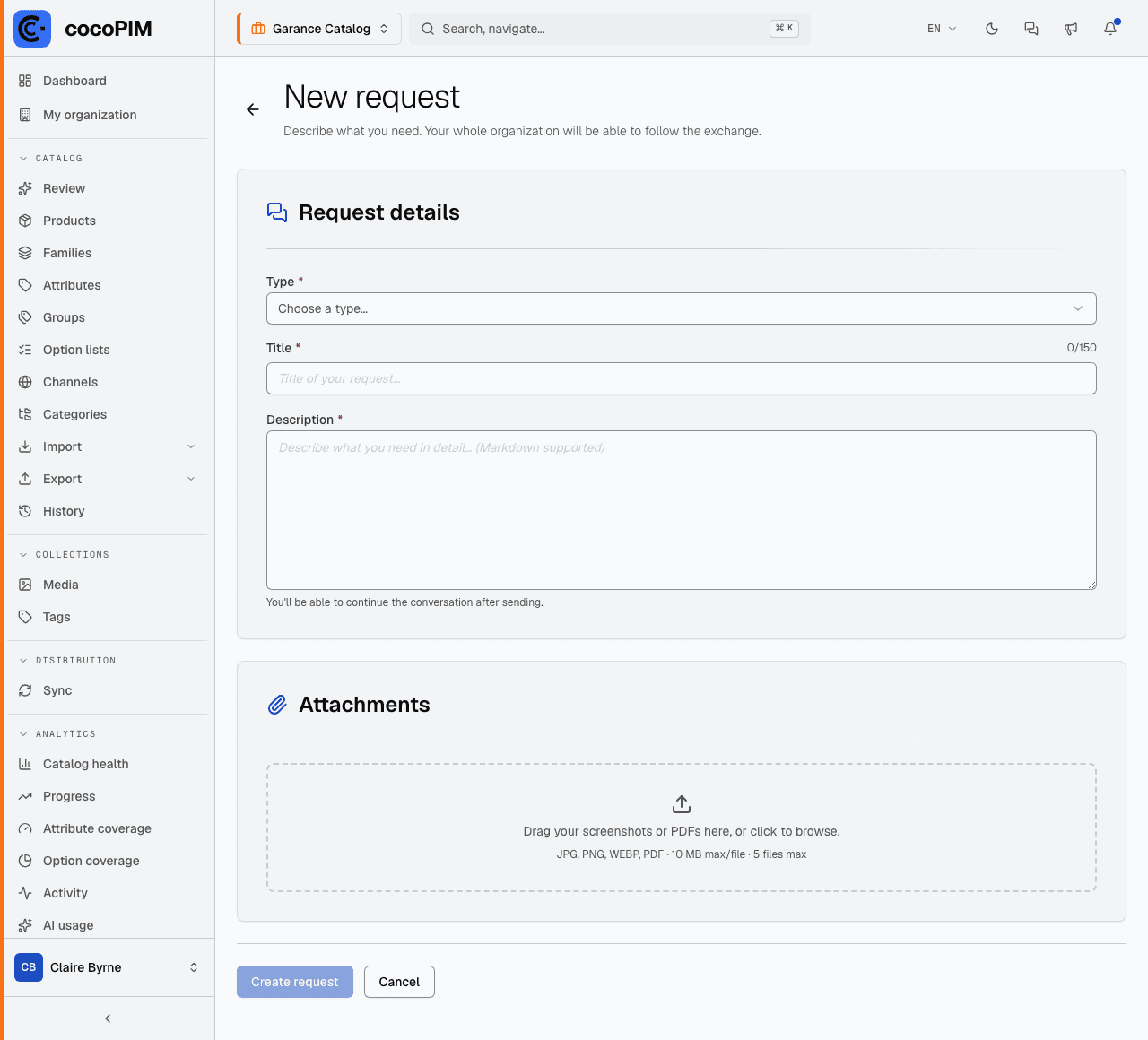 New request form: type, title, description, attachments