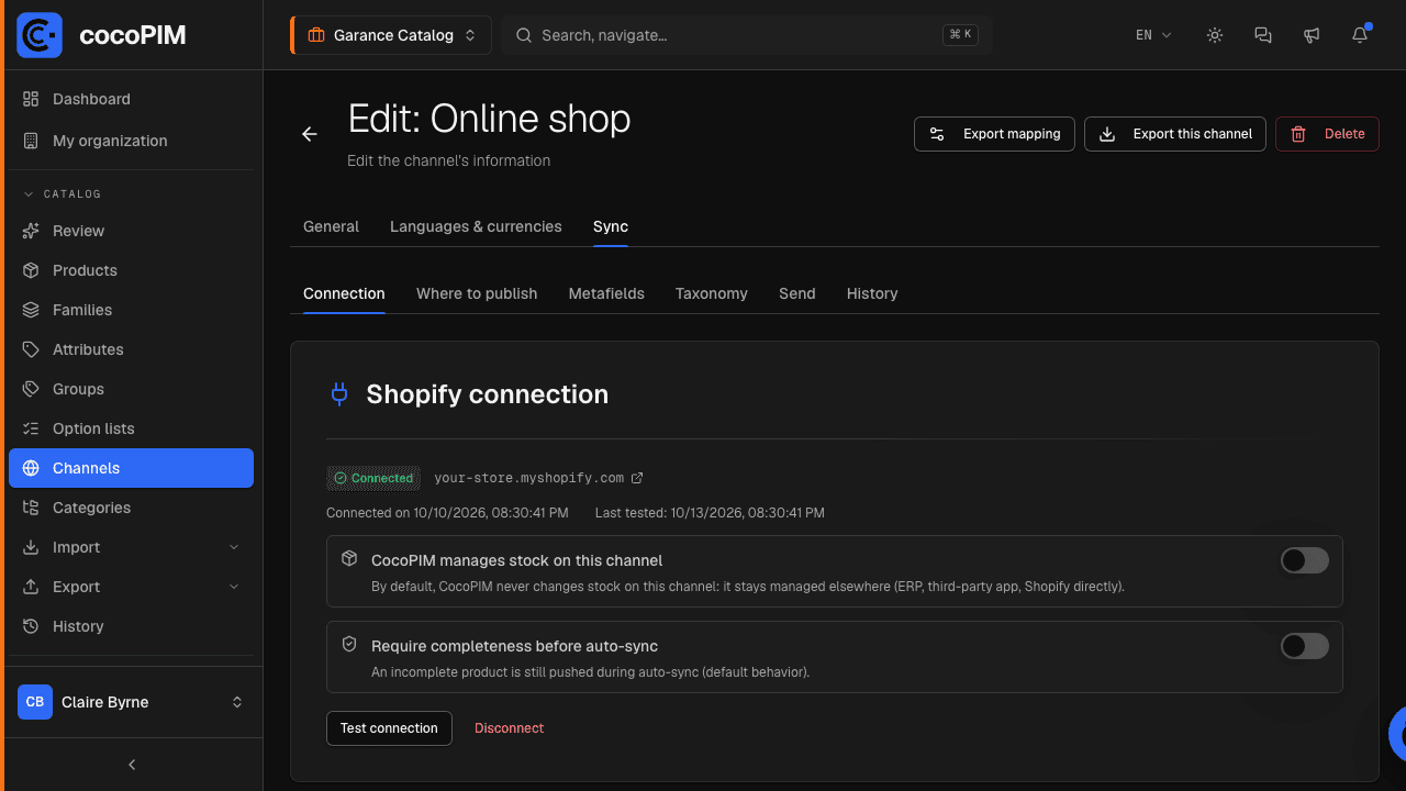 A channel’s Sync tab, Connection sub-tab: store connected, stock and completeness settings, Test connection button