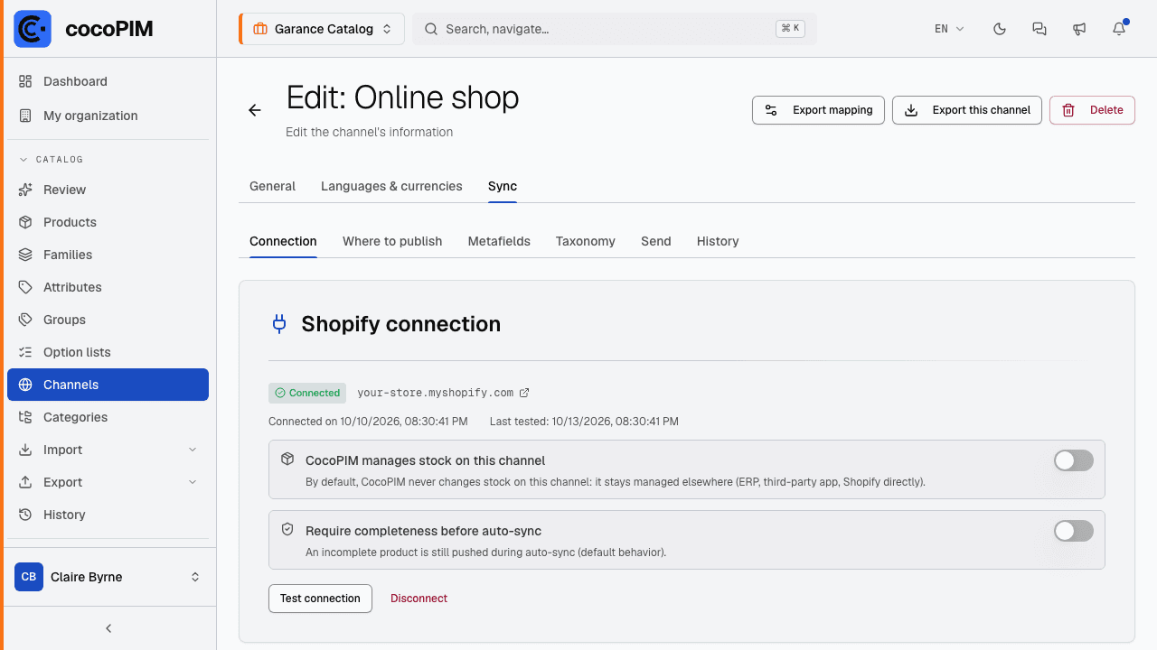 A channel’s Sync tab, Connection sub-tab: store connected, stock and completeness settings, Test connection button