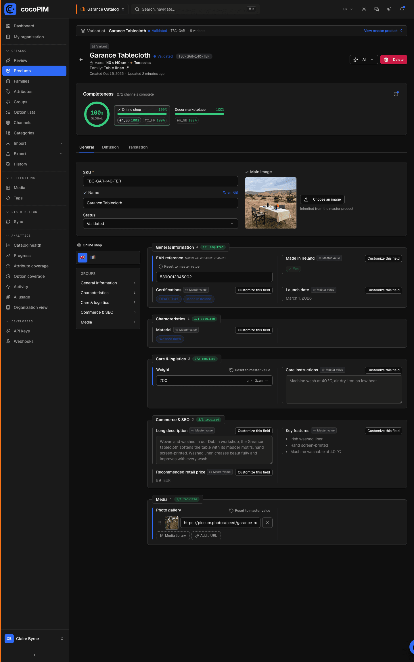 A variant’s product page showing the values inherited from the master and one overridden value