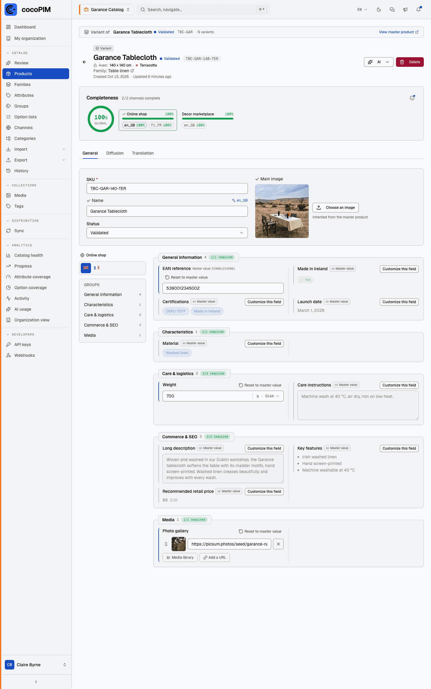 A variant’s product page showing the values inherited from the master and one overridden value
