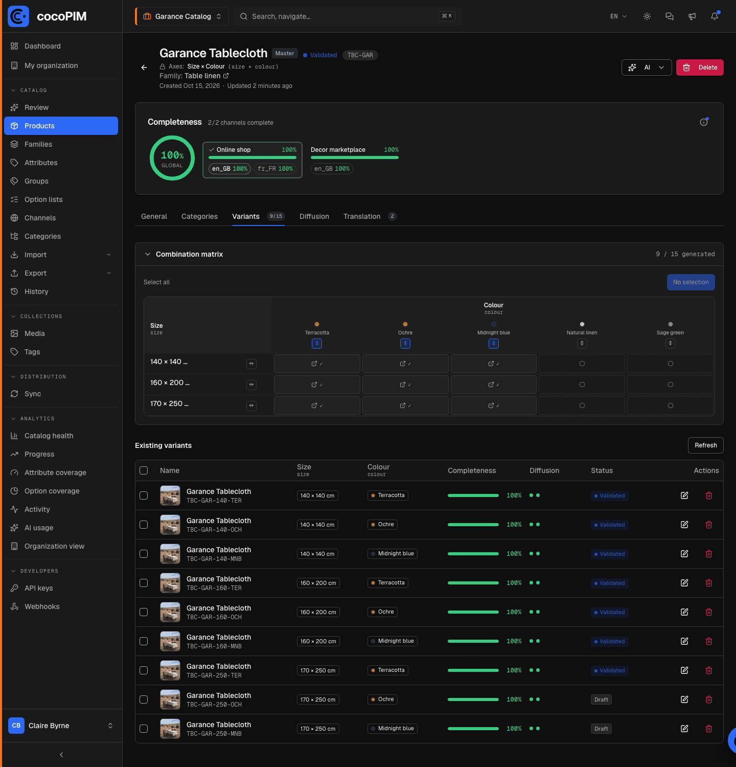 Master product, Variants tab: Size × Colour matrix and existing variants